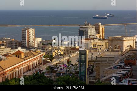 CAGLIARI, Italy - July 6, 2021: View from the Castello historic district on the city, with Saint Remy bastion in the foreground Stock Photo