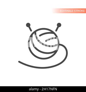 Yarn ball with knitting needles line vector icon. Outline, editable stroke. Stock Vector