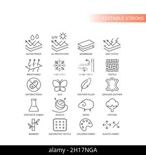 Fabric material feature live vector icon set. Fabrics features and properties symbols, editable stroke. Stock Vector