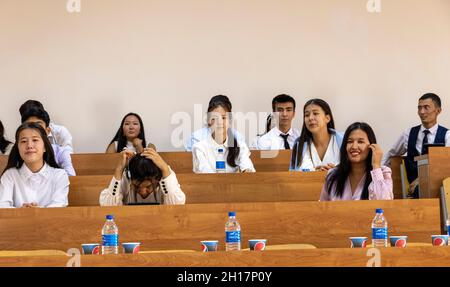students in lecture hall, Karakalpak State University, Nukus, Uzbekistan Stock Photo