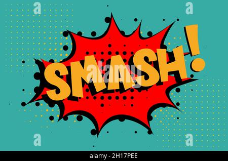 Smash Comic lettering Vector cartoon illustration in retro pop art style on halftone background Stock Vector