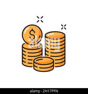 Dollar coins, money payments investments isolated color line icons. Vector money currency and debt, business earnings. Charity payments, investment, i Stock Vector