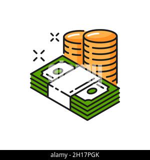 Paper green bills and golden coins, money payments isolated color line icons. Vector charity payments, currency and debt, business earnings. Finance b Stock Vector