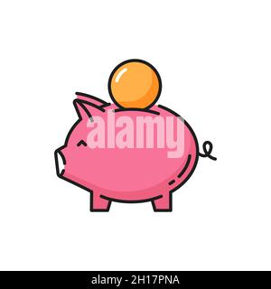 Piggy money bank with coin isolated flat line icon. Vector pink pig animal moneybox, financial economy and deposit, bonus revenue symbol. Save money c Stock Vector