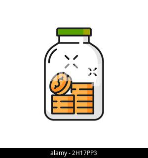 Money in glass jar moneybox isolate color line icon. Vector growth of income and savings, investment and wealth symbol, pile heap of gold coins. Busin Stock Vector