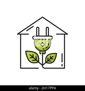 Green renewable energy in house, electric plug isolated line icon. Vector modern house, electric plug with leaves, eco energy. Home with plant plug sh Stock Vector