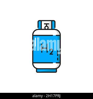Tank with hydrogen, H2 filling station, renewable energy and clean environment concept isolated line icon. Vector cylinder container with green energy Stock Vector