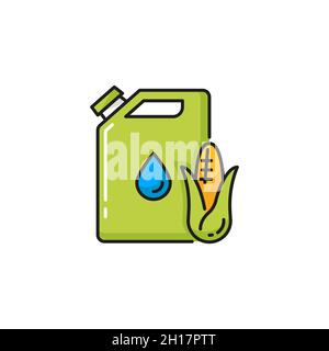 Corn biofuel canister can isolated natural fuel color line icon. Vector green energy, jerrican with oil sign. Gallon and vegetable fossil. Ethanol mad Stock Vector