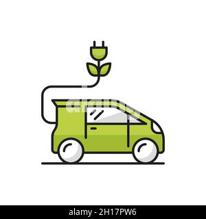 Green eco car with charge plug isolated hybrid vehicle thin line icon. Vector automobile on battery, electricity auto. Ecology and environment save tr Stock Vector