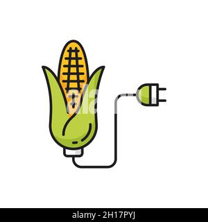 Corn biofuel and electric plug isolated color thin line icon. Vector green energy vegetable fossil, renewable energy source. Alternative environment f Stock Vector