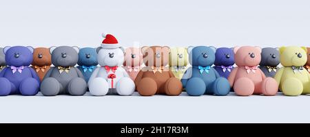 Teddy bears in row and one holding Christmas gift. Winter Holidays background with toys 3d render 3d illustration Stock Photo