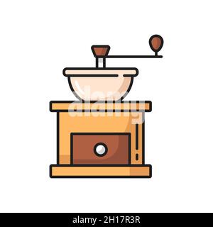 Retro coffee grinder with handle to roast beans isolated flat line icon. Vector vintage grinding machine to grind aroma cocoa beans. Kitchen utensils, Stock Vector