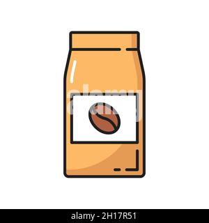 Roasted coffee melted beans in package isolated line icon. Vector mockup of coffee pack, sack of ingredients to prepare espresso, cappuccino americano Stock Vector