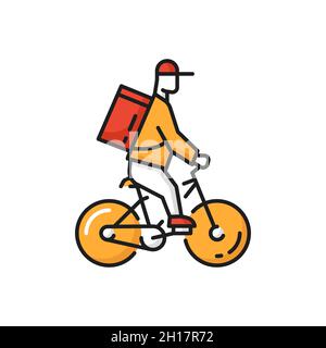 Online food delivery, courier on bicycle in cap isolated flat icon. Vector bicycle courier in cap and backpack package product box. Delivery staff, dr Stock Vector