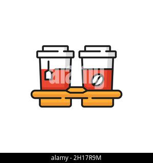 Coffee and tea cups drinks, food delivery isolated line icon. Vector disposable coffee in takeaway package. Takeout drink, beverages fast online order Stock Vector