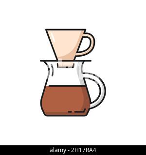 Coffee pot with filter, brewed aromatic drink isolated icon. Vector energetic beverage in pour-over coffee maker. Coffee pot with filter and handle, f Stock Vector