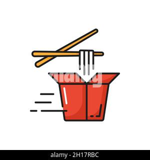 Noodles box with chopsticks fastfood delivery icon isolated. Vector takeout food package fast online order, Chinese or Thai dish. Takeaway food delive Stock Vector