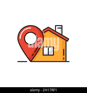 Delivery to home, parcel tracking, point location isolated flat icon. Vector pinpoint on house dwelling, fastfood fast online orders and shipping serv Stock Vector