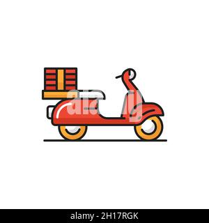Bicycle or bike of courier, food delivery services isolated flat icon. Vector shipping services and fast online order, red color motor bicycle. Courie Stock Vector