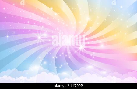 Pink magic rainbow sky background with stars, clouds and spiral rays of light. Vector illustration for children. Stock Vector