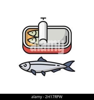 Sardines in tin can isolated fish, Portugal food flat cartoon icon. Vector Portuguese national food, seafood product packaging. Canned anchovy in oil, Stock Vector