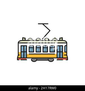 Lisbon city trolley isolated tram trolley flat line icon. Vector urban trolleybus design element. Retro Portugal Turkey train, passengers, people tran Stock Vector