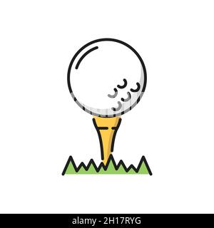 Ball to play golf on putter or tee isolated flat line icon. Vector golfing hobby symbol, golfball on putter. Tee for teeing off in grass, sport equipm Stock Vector