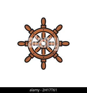 Ship wheel, seafarer handwheel or ship-wheel with handles isolated flat line icon. Vector boat control rudder steering wheel, marine navigation equipm Stock Vector