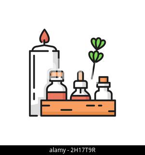 Beauty cosmetics bottles, spa skin care products isolated flat line herbal cosmetics. Vector burning candle, skin health care and massage products. Sp Stock Vector