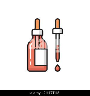 Glass droplet bottle with collagen dropper isolated flat line icon. Vector cosmetics ads template, essence oil, face skin care moisturizing anti aging Stock Vector
