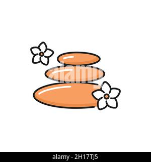 Pebbles with plumeria flowers isolated spa stones flat line icon. Vector well balanced rocks, massage, oriental medicine symbol. Stacked stones tower, Stock Vector
