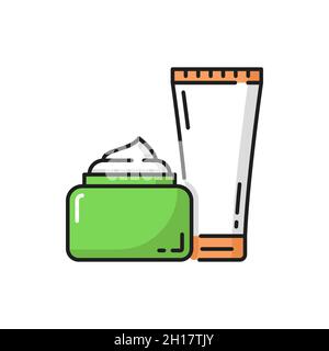 Spa, body and face cosmetics beauty cream bottles isolated flat line icon. Vector essence organic products in packages mockups. Lotion in tube and moi Stock Vector