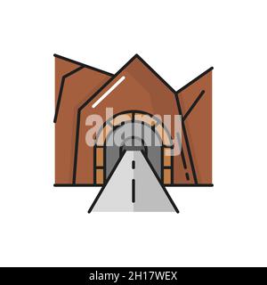 Underground tunnel in Alps Switzerland mountains isolated flat line icon. Vector automobile arched tunnel in Swiss mount, architecture construction. R Stock Vector