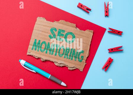 Text sign showing Seo Monitoring. Word for Tracking the progress of strategy made in the platform Simple Homemade Crafting Ideas And Designs Recycling Stock Photo