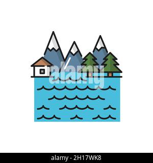 Swiss Switzerland Alps scenery, mountains with ice peaks, river landscape rural country cottage home flat line icon. Vector nature, high mount, fir-tr Stock Vector