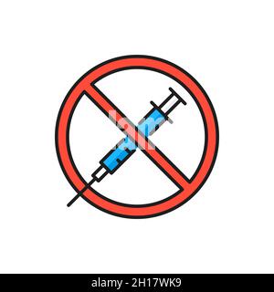 Vaccine refusal, rejecting preventive coronavirus covid isolated color thin line icon. Vector anti vaccination, no vaccine, own healthy immune system, Stock Vector