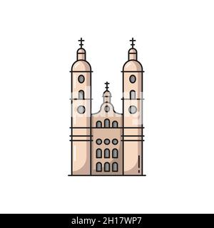 Cathedral Swiss landmark isolated flat line icon. line icon. Vector swiss national symbol, medieval architecture, tourist attraction. Grossmunster Chu Stock Vector