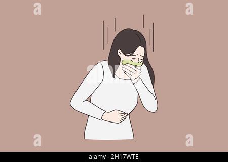 Unwell sick woman feel unhealthy vomit throw up. Ill girl cover mouth suffer from food poisoning. Pregnancy symptom or nausea concept. Health problem. Vector illustration, cartoon character.  Stock Vector