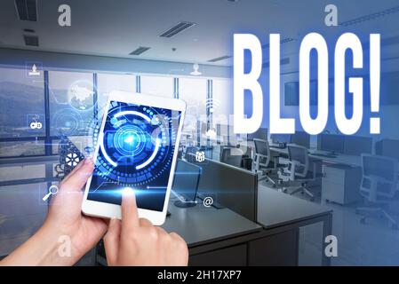 Text showing inspiration Blog. Business showcase regularly updated website web page run by individual or group Laptop Resting On Lap Of Woman With Stock Photo