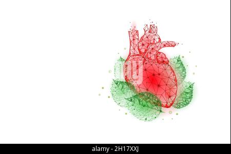 3D heart in green leaves. Harmony feeling happy emotion psychology concept. Mental health soul therapist mind balance. Low poly vector illustration Stock Vector