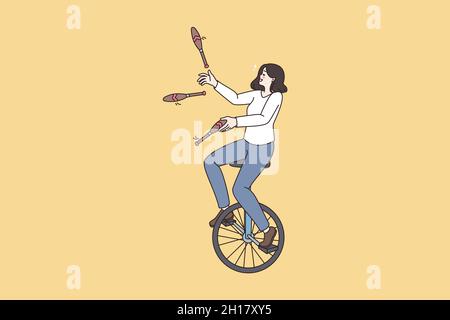 Woman ride unicycle perform juggle with skittles pins. Businesswoman multitask with different assignments and task. Life and work balance, management. Flat vector illustration, cartoon character.  Stock Vector