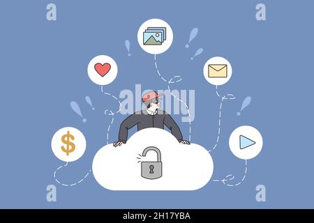 Hacker get information data from storage online cloud. Thief hacks unsafe internet server, receive user personal details. Cyber crime and phishing concept. Vector illustration, cartoon character. 