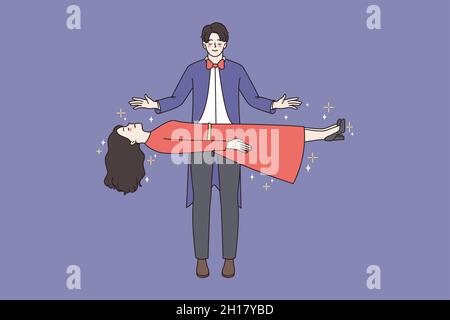 Magician work in circus make woman assistant float in air. Witcher perform magic focus or trick with lady levitating. Illusionist, magical performance. Cartoon character, vector illustration.  Stock Vector