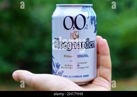 Volzhsky, Russia-September 25, 2021: Hoegaarden beer non alcoholic. Selective focus Stock Photo