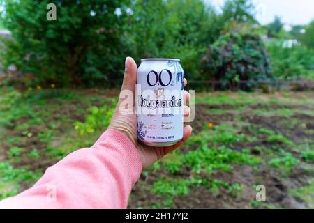 Volzhsky, Russia-September 25, 2021: Hoegaarden beer non alcoholic. Selective focus Stock Photo