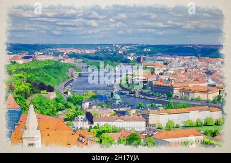 Watercolor drawing of Top aerial view of Prague with green gardens. bridges over Vltava river, Old Town district, Bohemia, Czech Republic Stock Photo