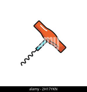 Wine bottle opener isolated corkscrew color line icon. Vector twisted spin to open wine with red wooden handle. Object to uncork drinks and beverages, Stock Vector