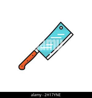 Metal chopper cleaver knife with red wooden handle isolated color line icon. Vector meat cleaver, big kitchen knife to cut meat food. Stainless steel Stock Vector
