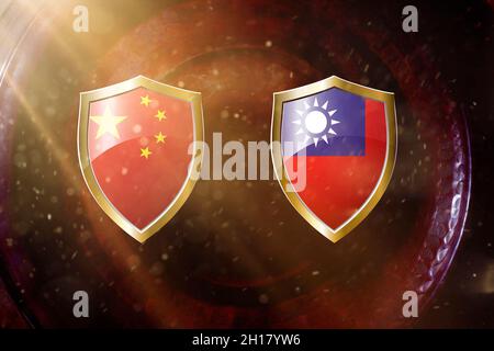 china and taiwan flag in golden shield on copper texture background. Stock Photo