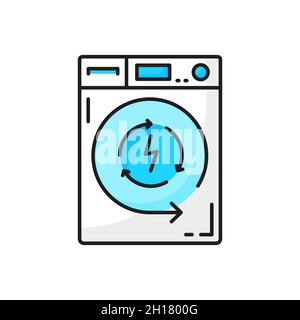 Electric washing or drying machine with extra tightening sign isolated. Vector bathroom washing equipment emblem, steel washer household appliance. De Stock Vector